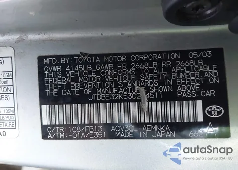 2003 Toyota Camry Le из США, поврежденный, VIN JTDBE32K530224511